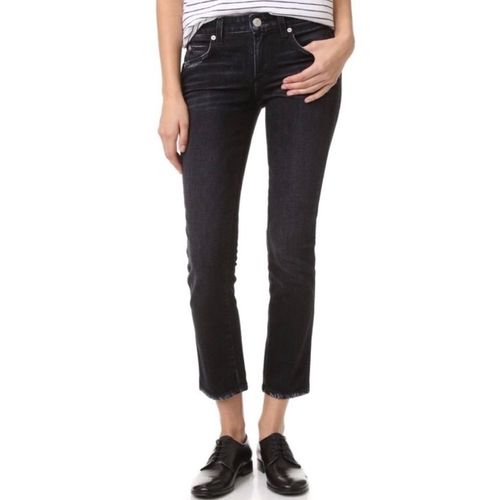 AMO Kate wash ink Crop Straight Jeans,Raw Hem black distressed jeans,Amo Jeans